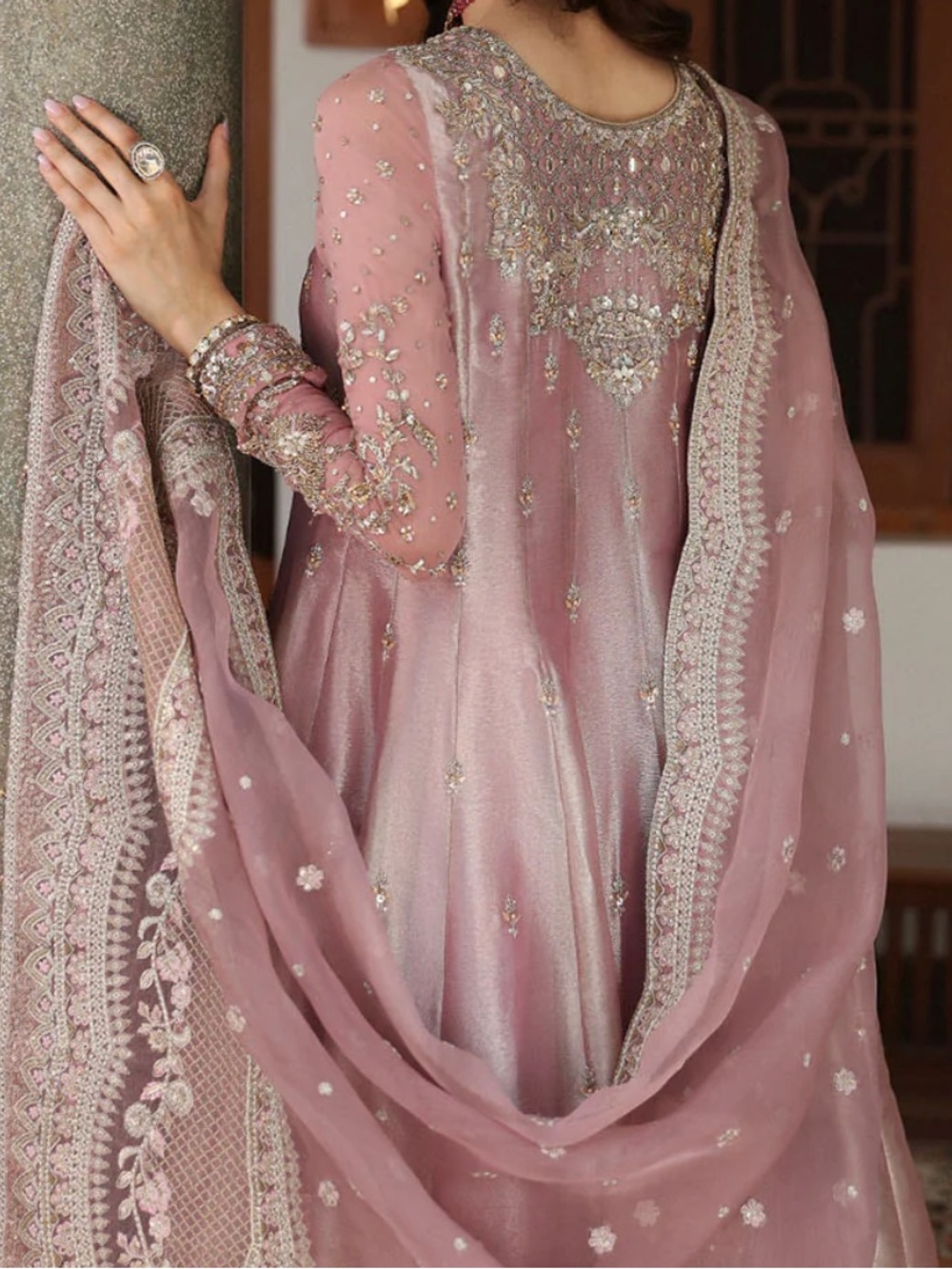 Dusty Rose Embroidered Maxi Dress with Sheer Draped Dupatta - Picture 2 of 4